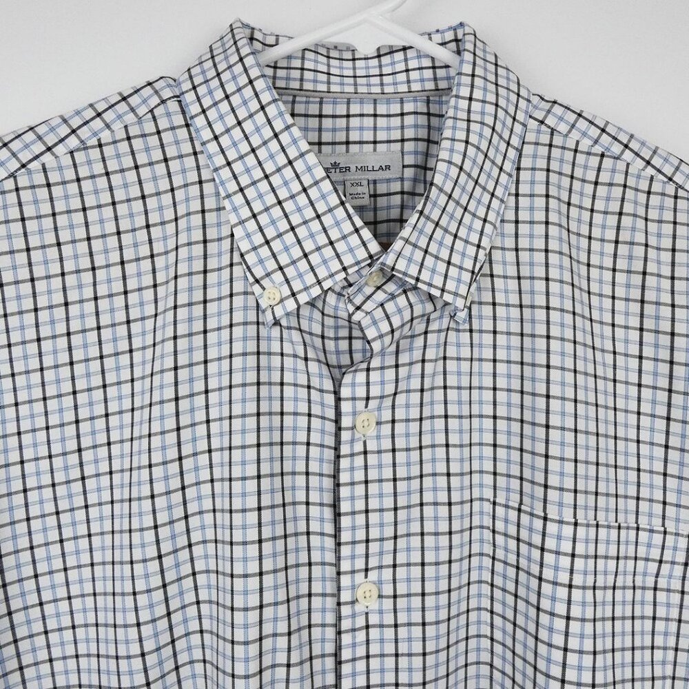 Peter Millar Shirt Mens XXL Long Sleeve Button Down Black Blue Plaid Cotton